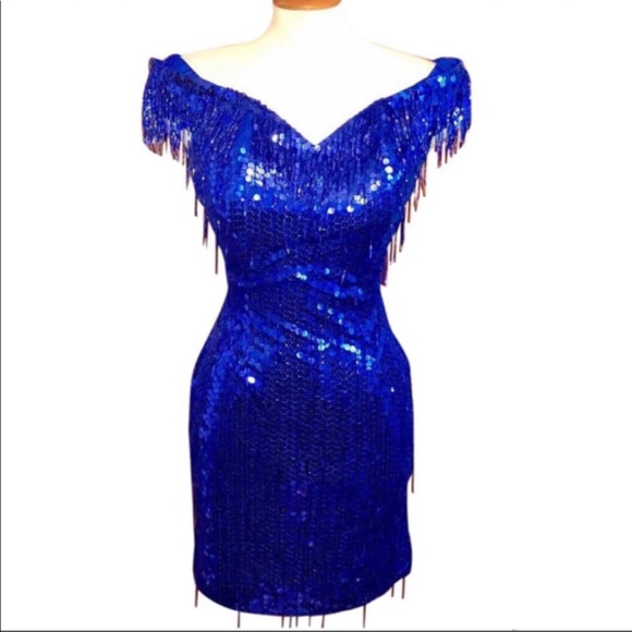 NADINE PETITE•ROYAL BLUE BEADED SEQUIN DRESS - Picture 2 of 7